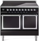 Glossy black induction range with chrome-trimmed double oven doors and control panel