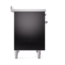 Black oven door with chrome side handles and leveling feet, glossy finish