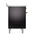 Black oven door with brass handle details and white leveling legs
