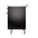 Induction oven with glossy dark door panel and copper accents, on legs