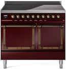 Burgundy induction range with bronze control panel and two oven doors