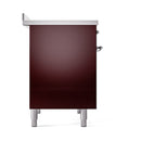 Solid door oven front in burgundy with chrome handle accents