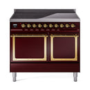 Burgundy induction range with double oven and brass-framed solid doors, front view