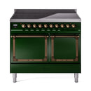 Emerald green range with two glass-front ovens and bronze-framed controls