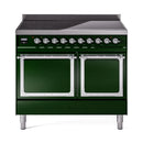 Emerald green induction range front with two oven windows, chrome trim, and control knobs