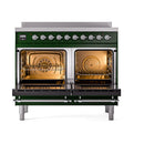 Emerald green induction range with open double oven doors and chrome interior racks