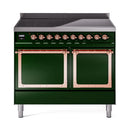 Emerald green double oven with dark glass windows, copper door frames, and control panel