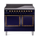 Midnight blue range with two oven doors, bronze knobs, and top control panel