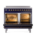 Midnight blue induction range with two open ovens and bronze-trimmed front controls