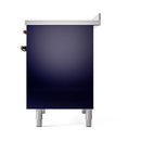Midnight blue solid oven door panel with bronze handle accents and legs