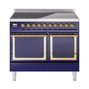 Midnight blue induction range with two closed oven doors and brass knobs