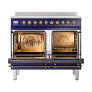 Midnight blue induction range with double ovens and copper-trim, doors open