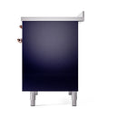 Midnight blue oven base with solid door, copper handle accents, angled view