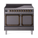 Matte graphite induction range with bronze knobs and two glass-front oven doors