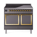 Induction range with two open oven doors, brass control knobs, and matte graphite finish