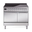 Stainless steel induction range front view with black cooktop and control knobs