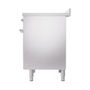 Stainless steel oven side view with chrome trim, door handles, and support legs