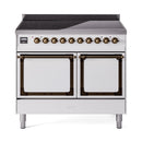 White induction range with black griddle top, bronze knobs, and double oven doors