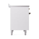 White side cabinet panel of two-oven range with matching bronze hardware