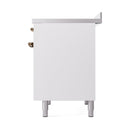 White side cabinet panel of two-oven range with bronze handle hardware