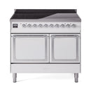 White induction range with black cooktop, chrome trim, and two oven doors