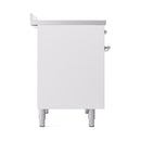 White oven cabinet with side handle and four leveling legs, chrome accents