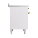 White solid door oven with brass hinges and four leveling legs