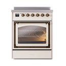 ILVE antique white induction range, bronze knobs, triple-glass oven door window