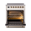 ILVE induction range with open oven door, visible racks and interior lighting