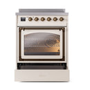 ILVE induction range with oven door open and lower drawer, bronze trim around frame