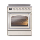 Antique white oven with open triple-glass door, chrome handle, and control panel