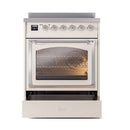 Antique white oven with triple-glass door, chrome trim, and open storage drawer