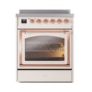 Antique white induction range with open oven door and copper-trimmed control knobs