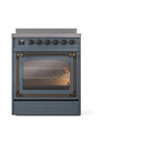 Blue-grey induction range with closed glass oven door and bronze handle, front view