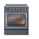ILVE induction range with blue grey frame, oven interior lit through glass door