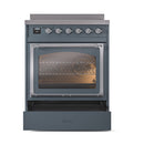 30-inch induction range by ILVE in blue grey, chrome trim, triple glass oven door