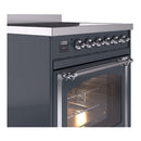 ILVE 30-inch induction range, blue grey body, chrome knobs, closed oven door