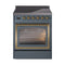 ILVE Nostalgie II Noblesse 30-Inch 4.0 Cu. Ft. Induction Range with 4 Elements and Triple Glass Door in Blue Grey with Brass Trim (UNI304NMPBGG)