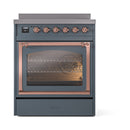 Blue grey induction range with brass handle and lit triple-glass oven window