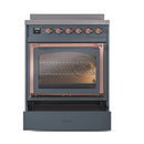 Blue grey induction range with brass-trimmed triple glass door and control knobs