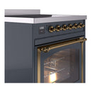 Blue grey induction range side view with brass oven handle and control knobs