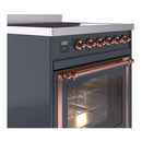 Blue-grey induction range side view with copper control knobs and oven handle