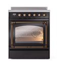 Glossy black induction range with bronze control knobs and lit oven viewing window