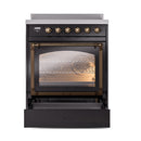 Glossy black induction range with bronze-trim oven door and open lower drawer