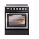 Black induction range with open oven door, chrome handle, and lit triple-pane window