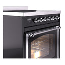 Black induction range with chrome control knobs and open oven door with light