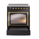 Black induction range with open lower door and brass-framed oven window
