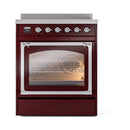 Burgundy induction range with triple glass oven door and chrome control trim