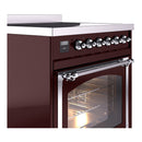 Burgundy induction range side view with chrome control knobs and oven handle