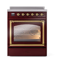 Burgundy induction range with triple glass oven door and brass-trimmed oven frame